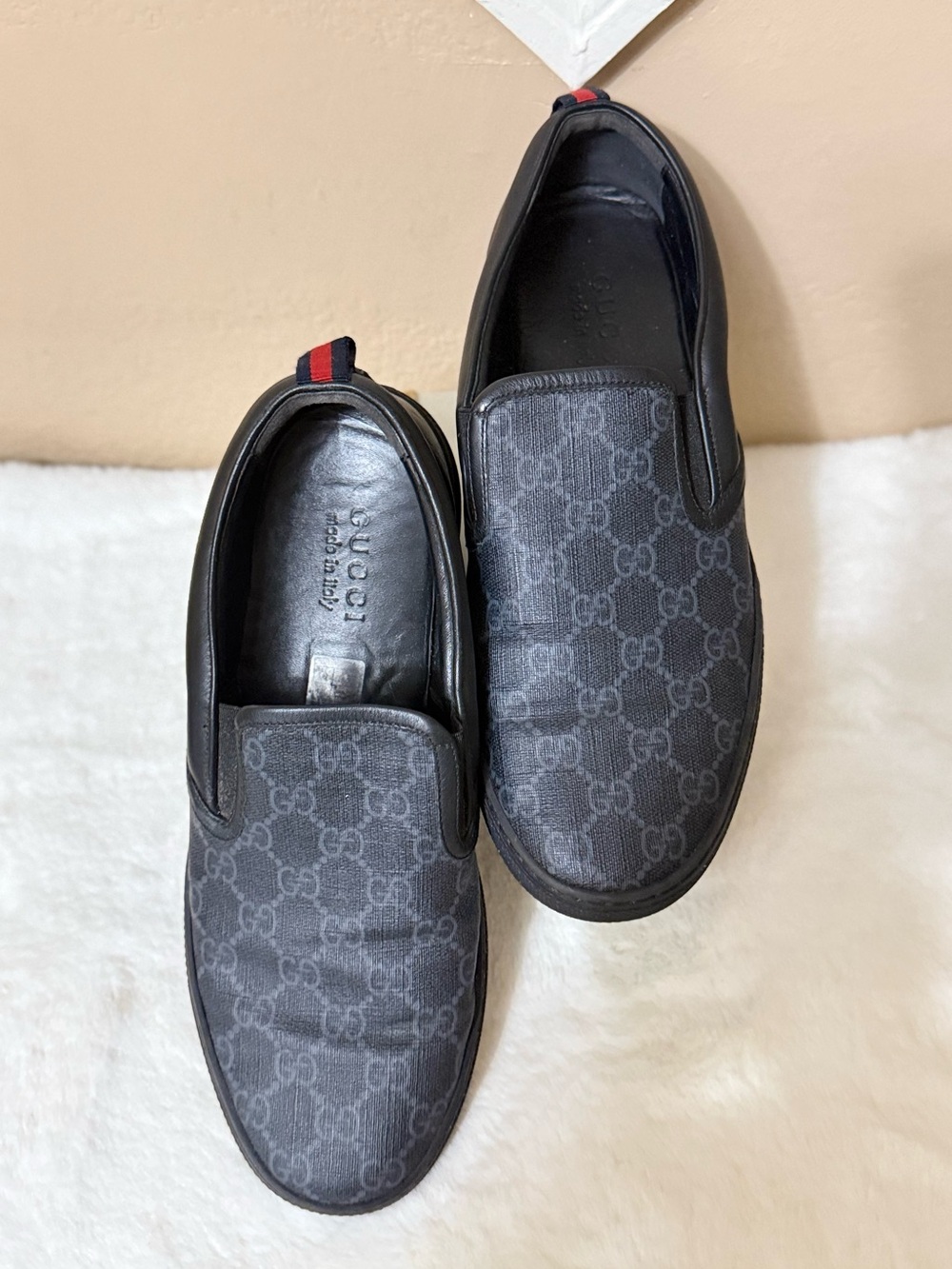 Gucci Black GG Monogram Slip-On Loafers with Signature Web Tab